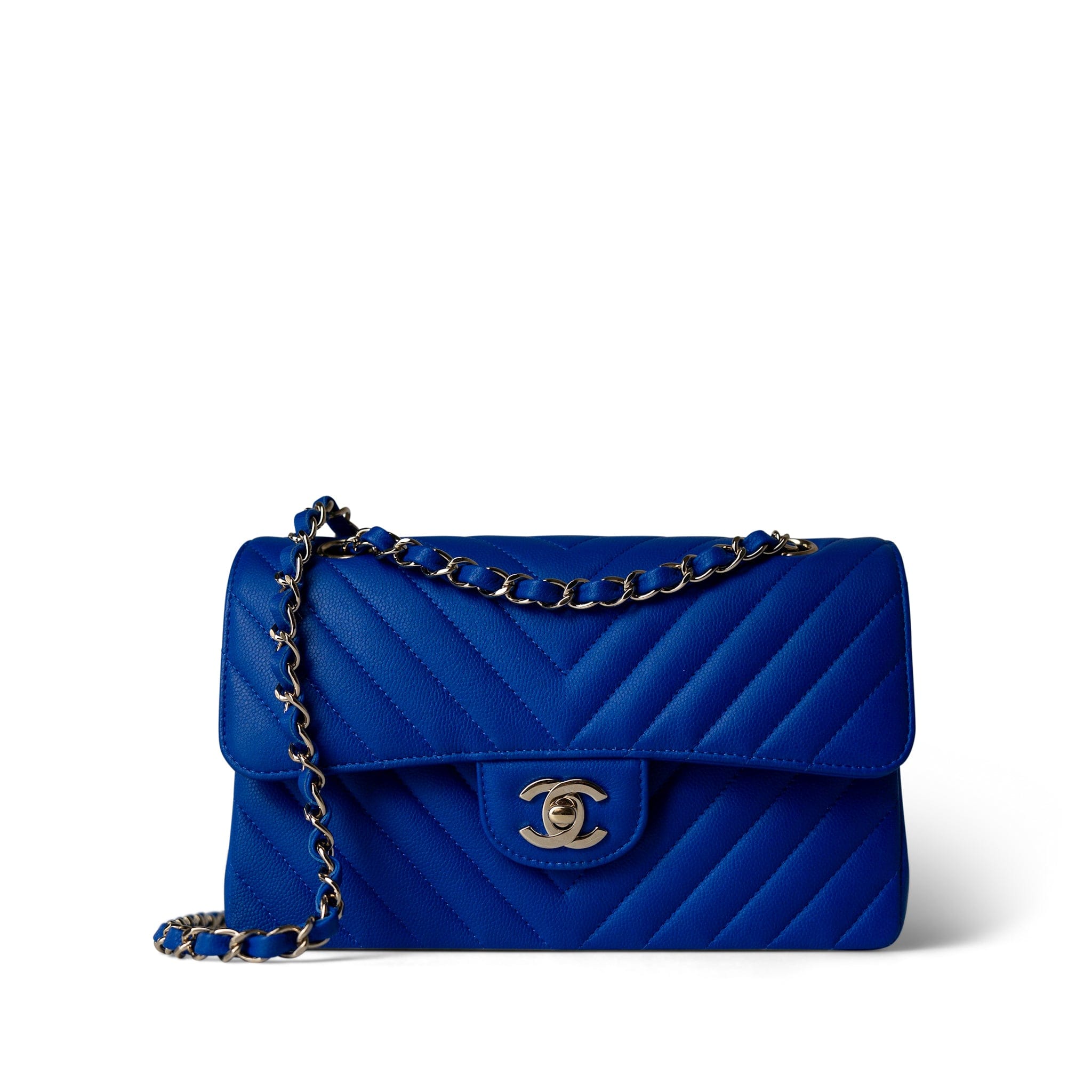 CHANEL Handbag Blue Blue Caviar Chevron Classic Flap Small Light Gold Hardware - Redeluxe