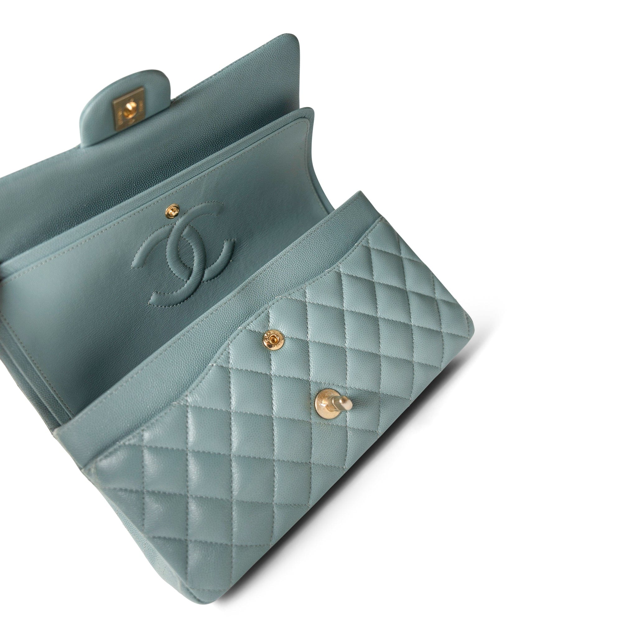 CHANEL Handbag Blue / Classic flap Pearly Light Blue Caviar Quilted Classic Flap Medium Antique Gold Hardware - Redeluxe