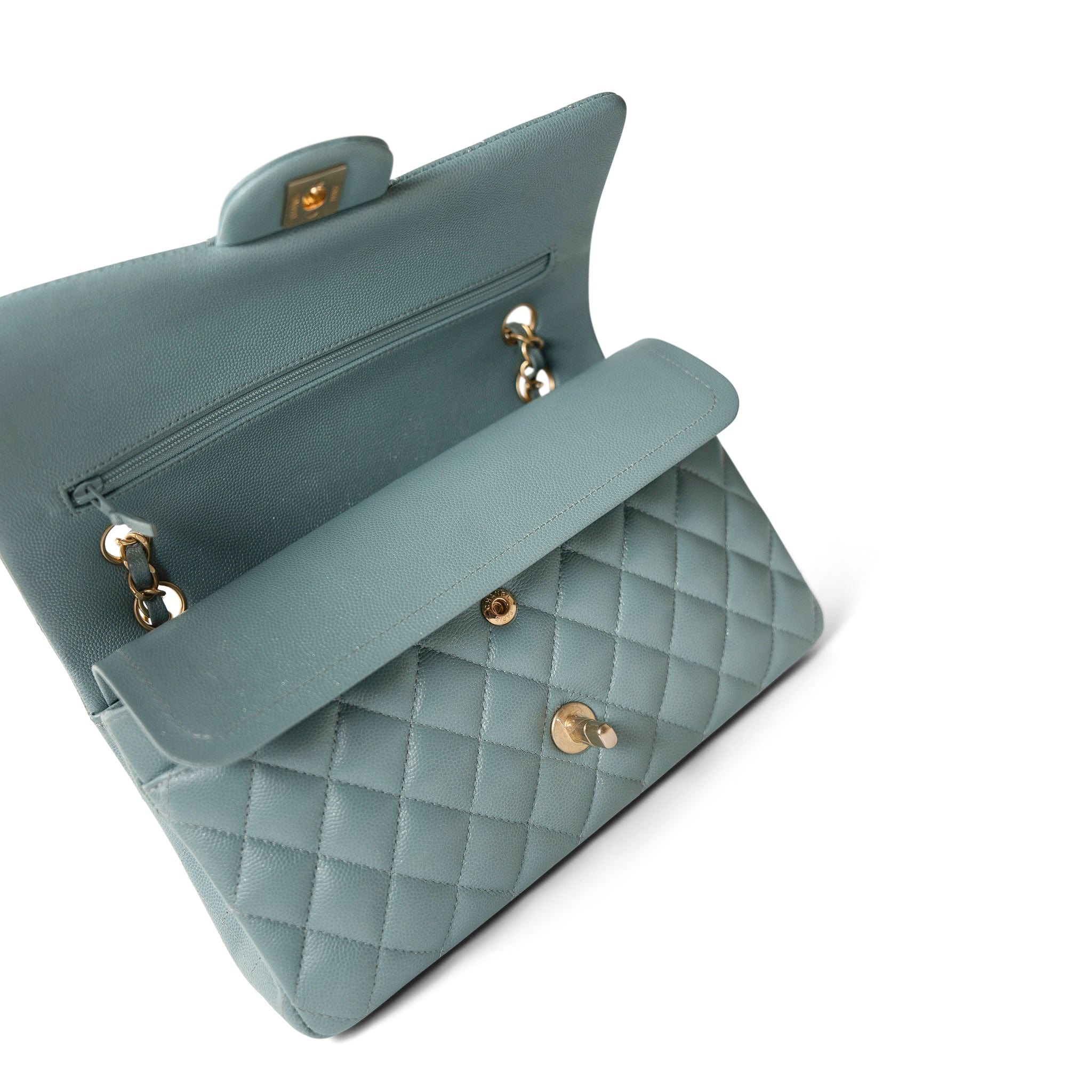 CHANEL Handbag Blue / Classic flap Pearly Light Blue Caviar Quilted Classic Flap Medium Antique Gold Hardware - Redeluxe