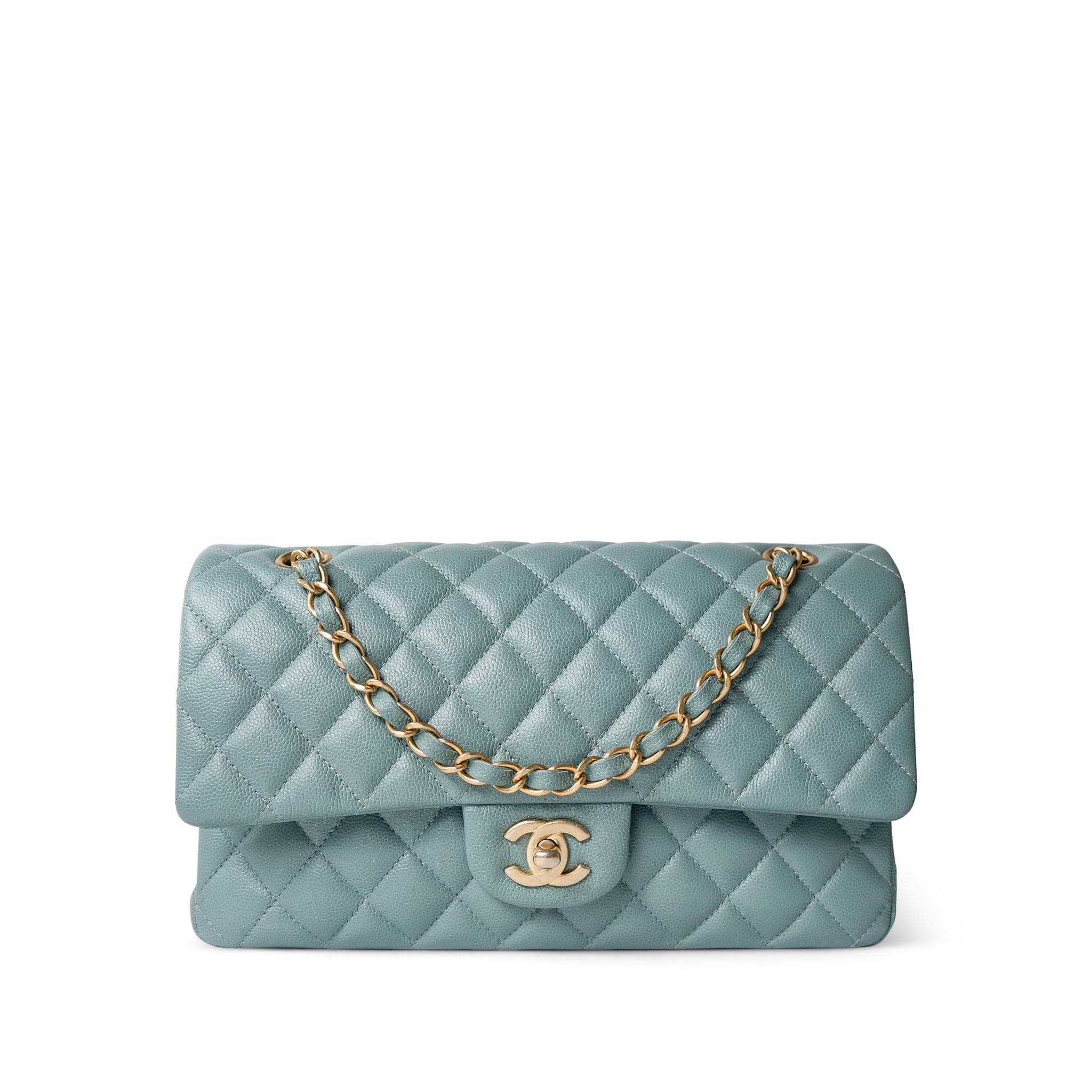 CHANEL Handbag Blue / Classic flap Pearly Light Blue Caviar Quilted Classic Flap Medium Antique Gold Hardware - Redeluxe