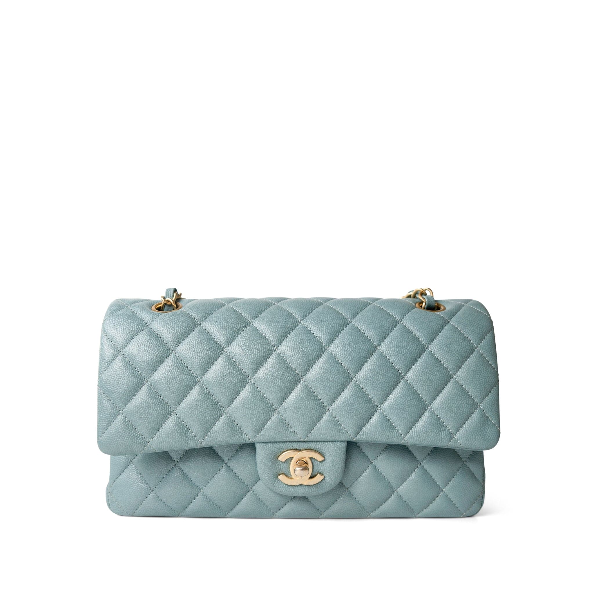 CHANEL Handbag Blue / Classic flap Pearly Light Blue Caviar Quilted Classic Flap Medium Antique Gold Hardware - Redeluxe