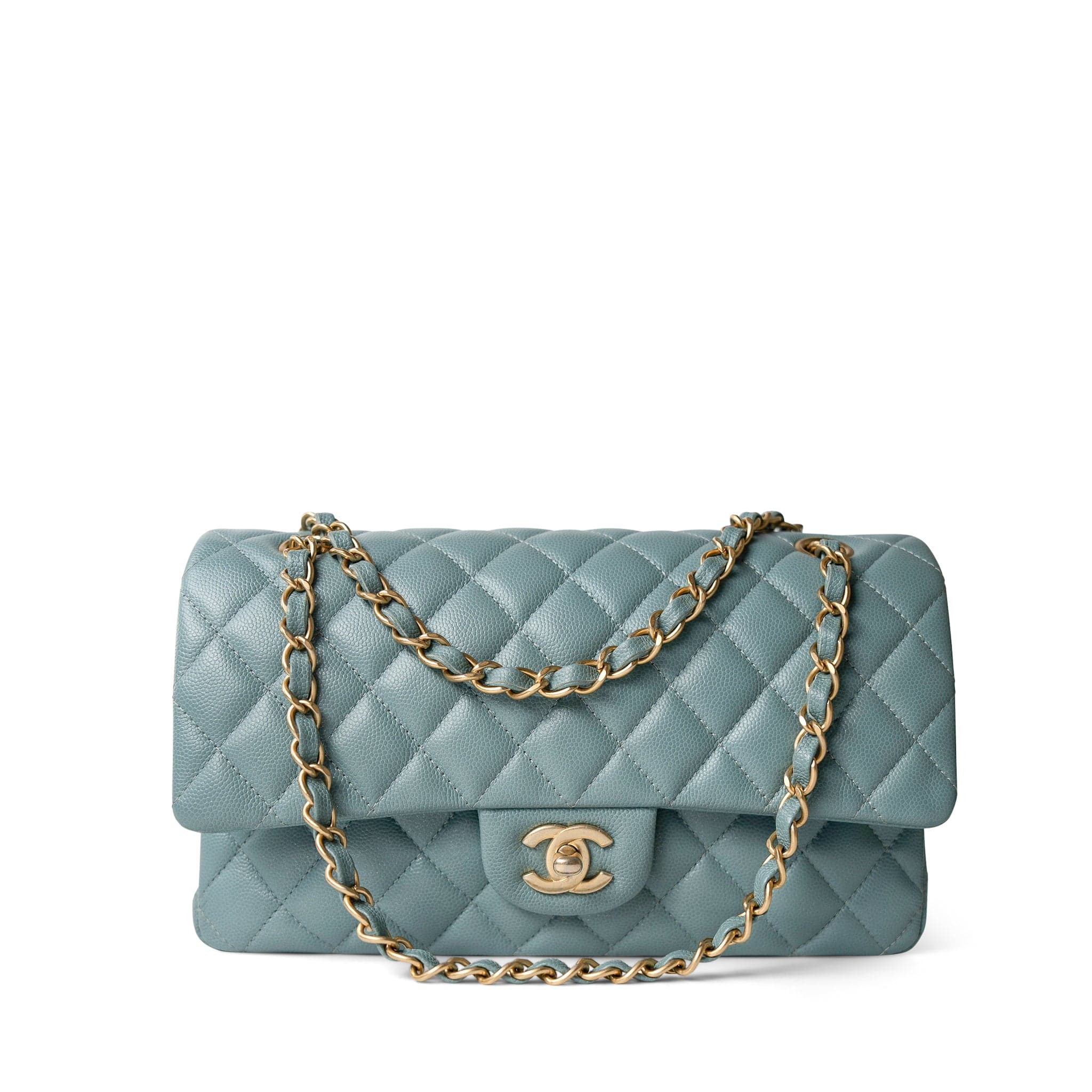 CHANEL Handbag Blue / Classic flap Pearly Light Blue Caviar Quilted Classic Flap Medium Antique Gold Hardware - Redeluxe