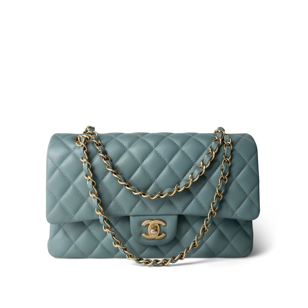 CHANEL Handbag Blue / Classic flap Pearly Light Blue Caviar Quilted Classic Flap Medium Antique Gold Hardware - Redeluxe