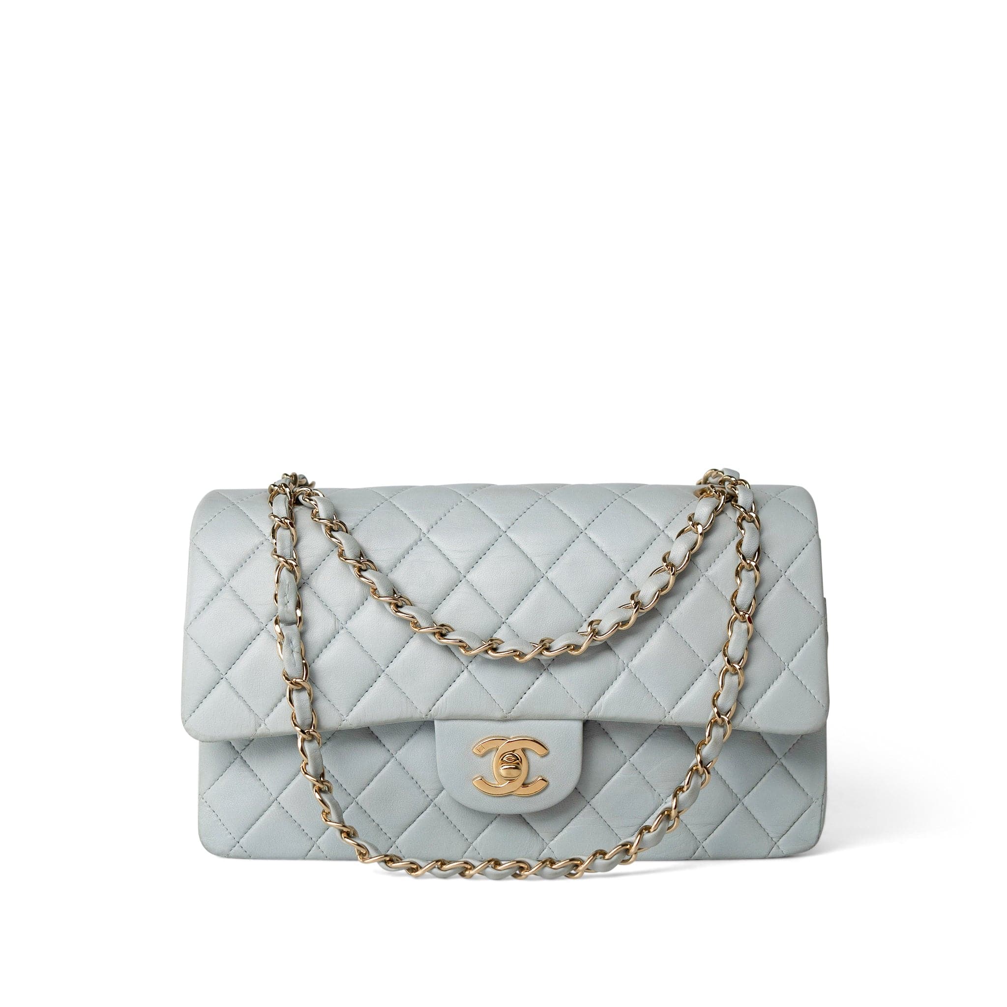 CHANEL Handbag Blue / Classic Flap Vintage Light Blue Lambskin Quilted Classic Flap Medium Gold Hardware - Redeluxe