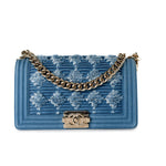 CHANEL Handbag Blue Denim Pleated Old Medium Light Blue Boy Bag - Redeluxe