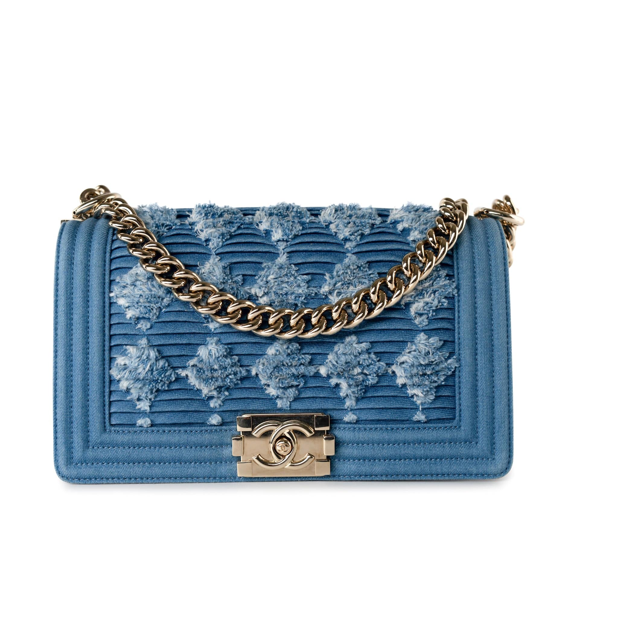CHANEL Handbag Blue Denim Pleated Old Medium Light Blue Boy Bag - Redeluxe