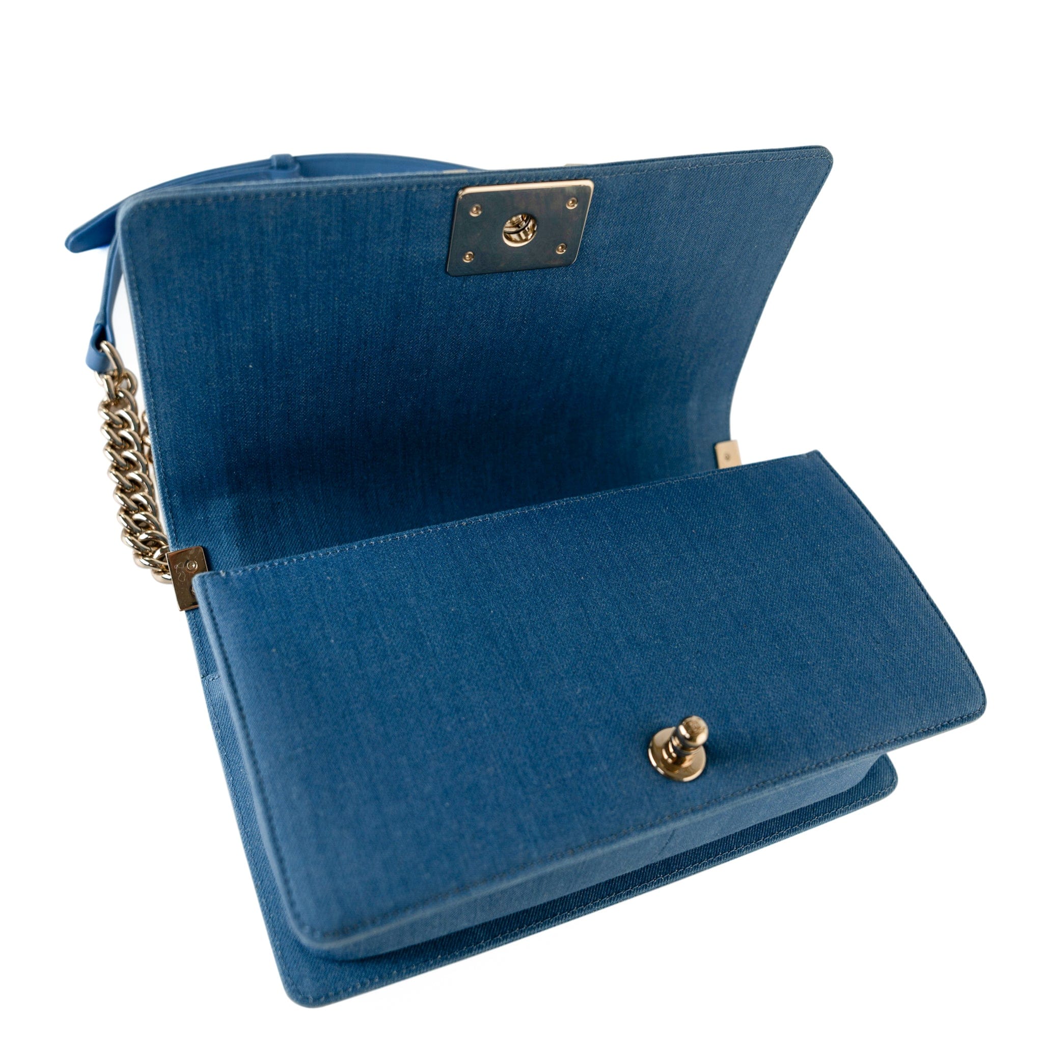 CHANEL Handbag Blue Denim Pleated Old Medium Light Blue Boy Bag - Redeluxe