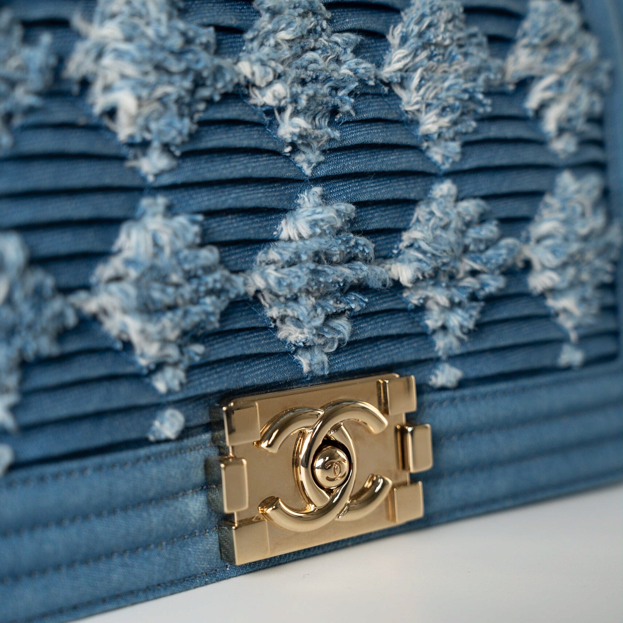CHANEL Handbag Blue Denim Pleated Old Medium Light Blue Boy Bag - Redeluxe
