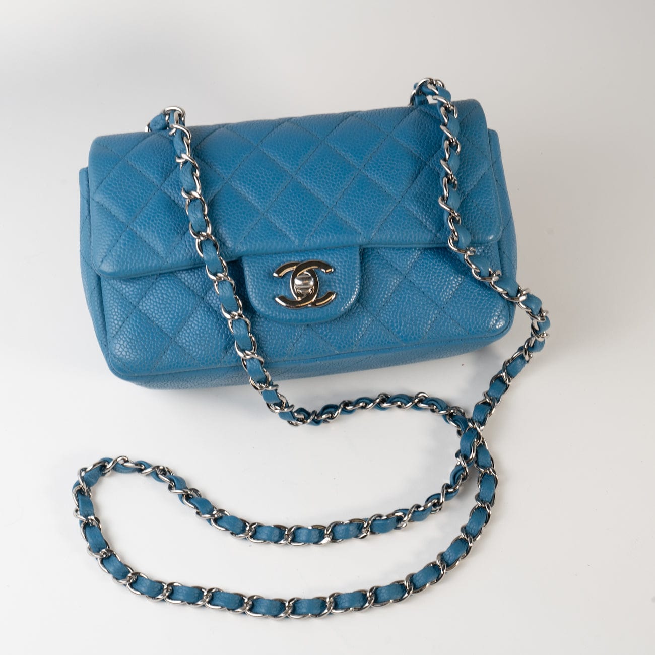CHANEL Handbag BLUE MINI RECTANGULAR CAVIAR QUILTED SINGLE FLAP SILVER HARDWARE - Redeluxe