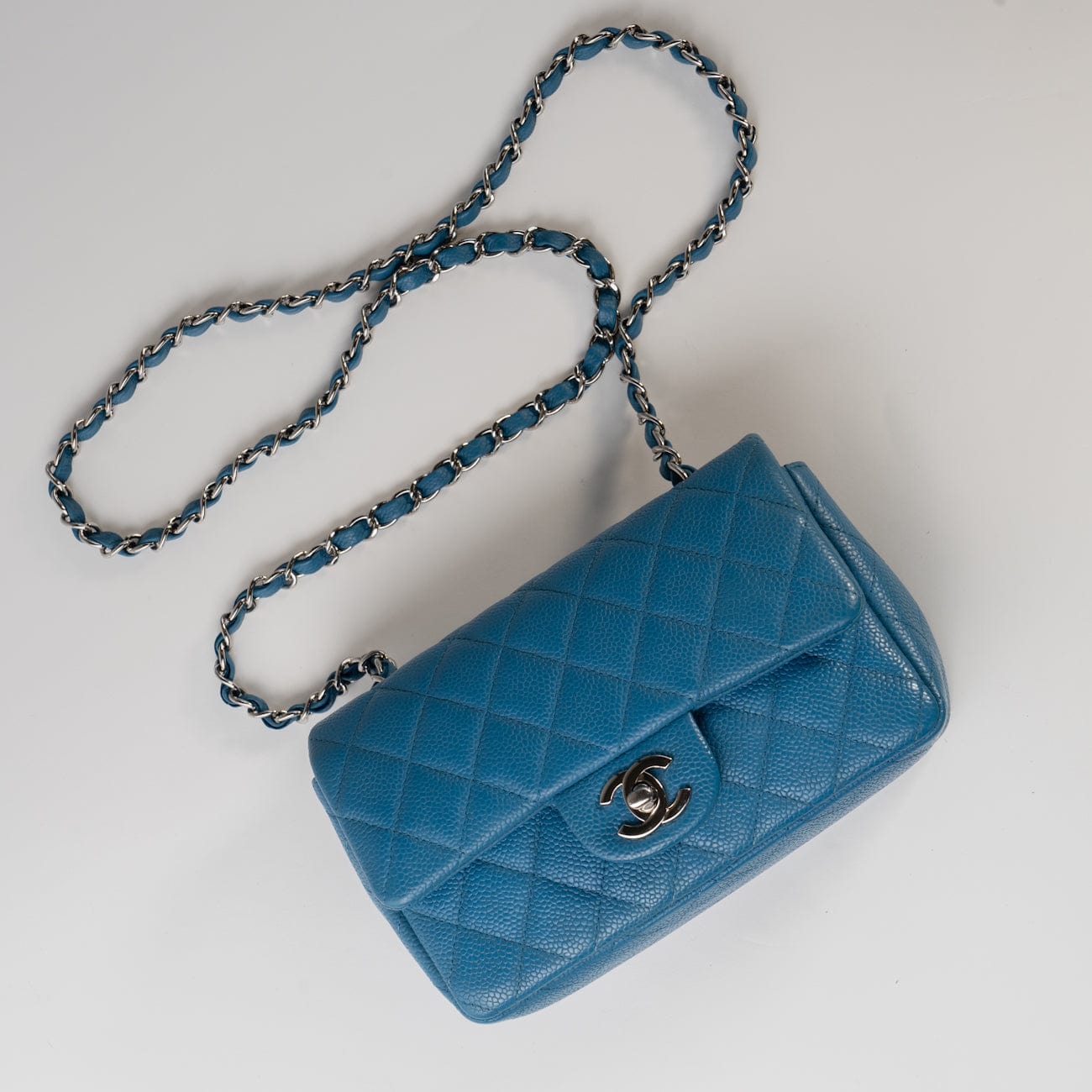 CHANEL Handbag BLUE MINI RECTANGULAR CAVIAR QUILTED SINGLE FLAP SILVER HARDWARE - Redeluxe
