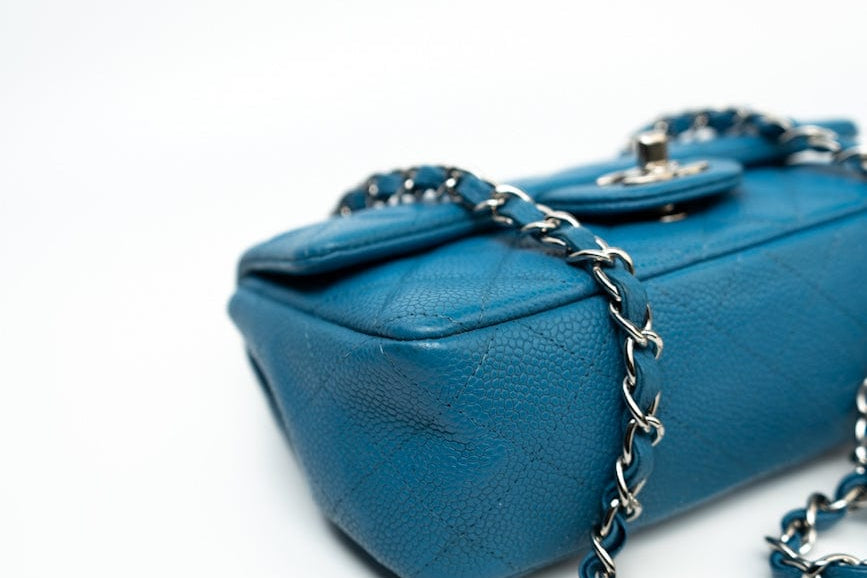 CHANEL Handbag BLUE MINI RECTANGULAR CAVIAR QUILTED SINGLE FLAP SILVER HARDWARE - Redeluxe