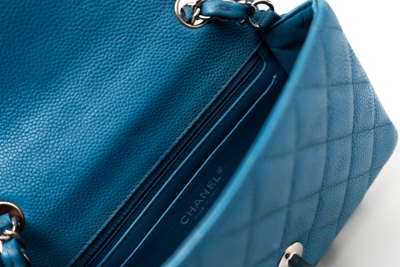 CHANEL Handbag BLUE MINI RECTANGULAR CAVIAR QUILTED SINGLE FLAP SILVER HARDWARE - Redeluxe