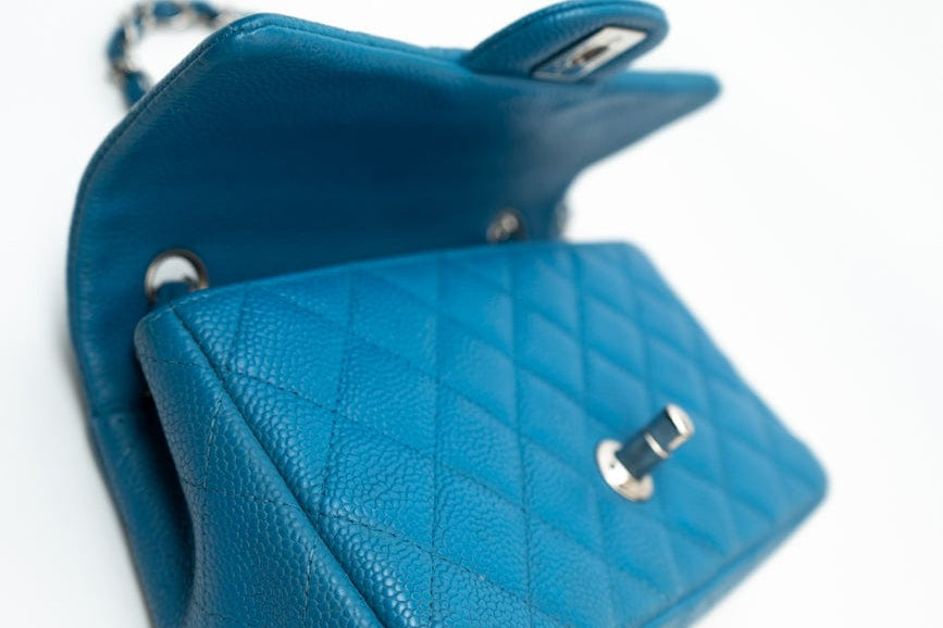 CHANEL Handbag BLUE MINI RECTANGULAR CAVIAR QUILTED SINGLE FLAP SILVER HARDWARE - Redeluxe