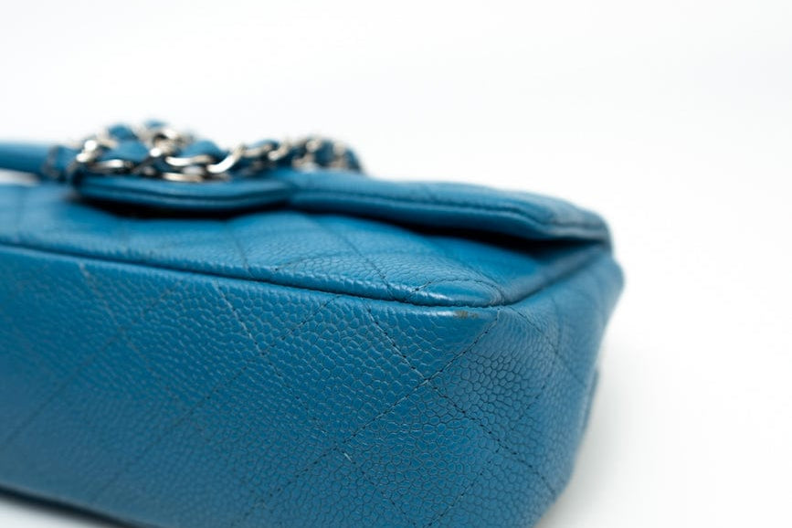 CHANEL Handbag BLUE MINI RECTANGULAR CAVIAR QUILTED SINGLE FLAP SILVER HARDWARE - Redeluxe