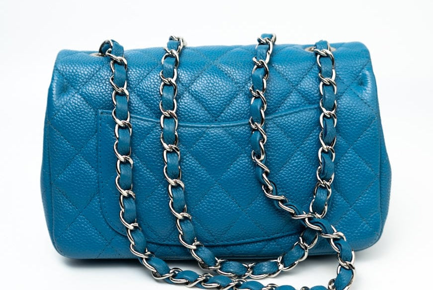 CHANEL Handbag BLUE MINI RECTANGULAR CAVIAR QUILTED SINGLE FLAP SILVER HARDWARE - Redeluxe
