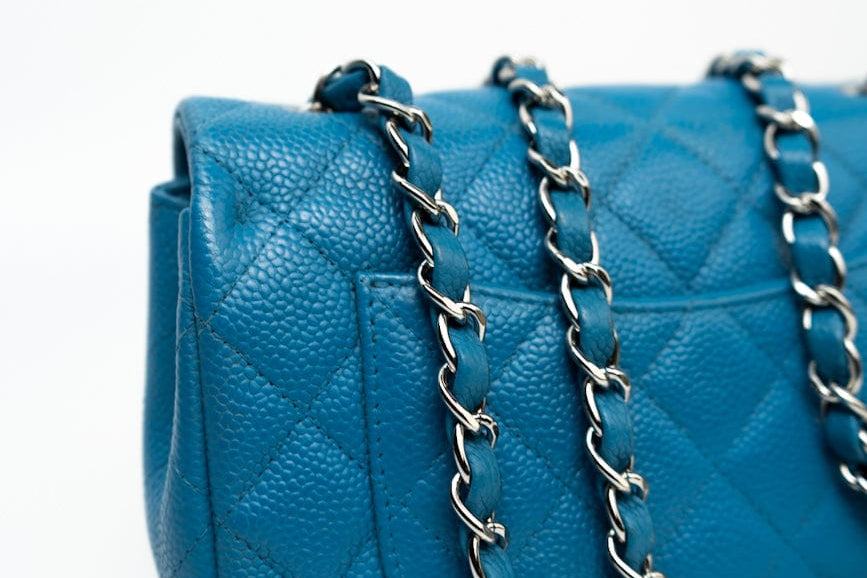 CHANEL Handbag BLUE MINI RECTANGULAR CAVIAR QUILTED SINGLE FLAP SILVER HARDWARE - Redeluxe