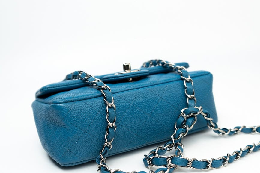 CHANEL Handbag BLUE MINI RECTANGULAR CAVIAR QUILTED SINGLE FLAP SILVER HARDWARE - Redeluxe