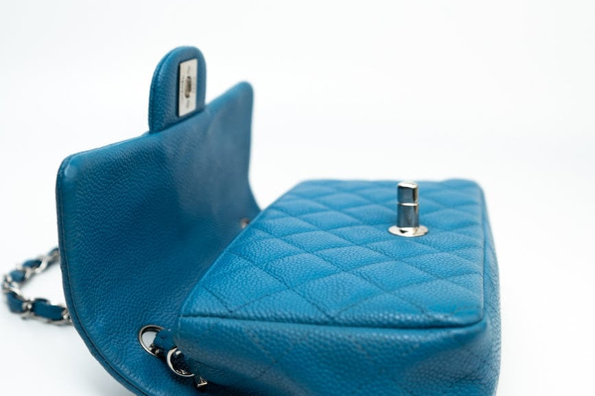 CHANEL Handbag BLUE MINI RECTANGULAR CAVIAR QUILTED SINGLE FLAP SILVER HARDWARE - Redeluxe