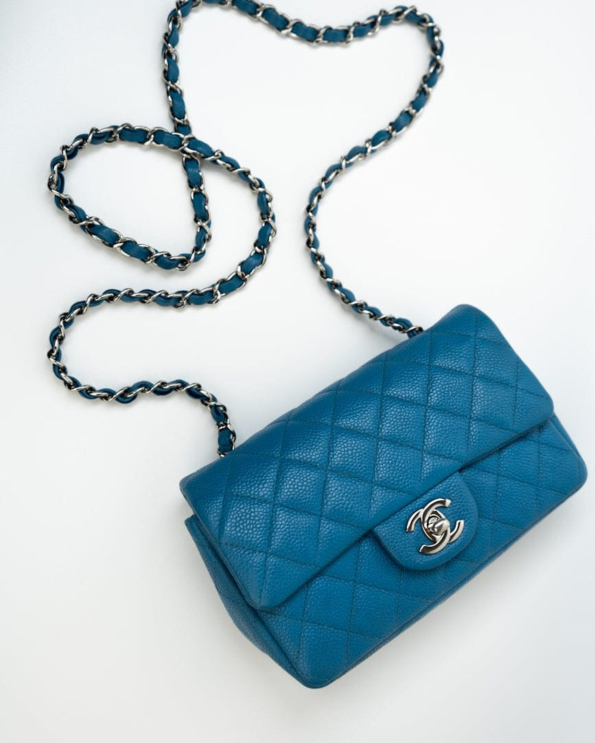 CHANEL Handbag BLUE MINI RECTANGULAR CAVIAR QUILTED SINGLE FLAP SILVER HARDWARE - Redeluxe