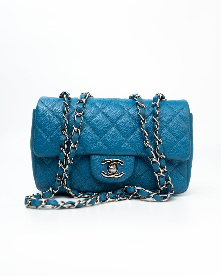 CHANEL Handbag BLUE MINI RECTANGULAR CAVIAR QUILTED SINGLE FLAP SILVER HARDWARE - Redeluxe