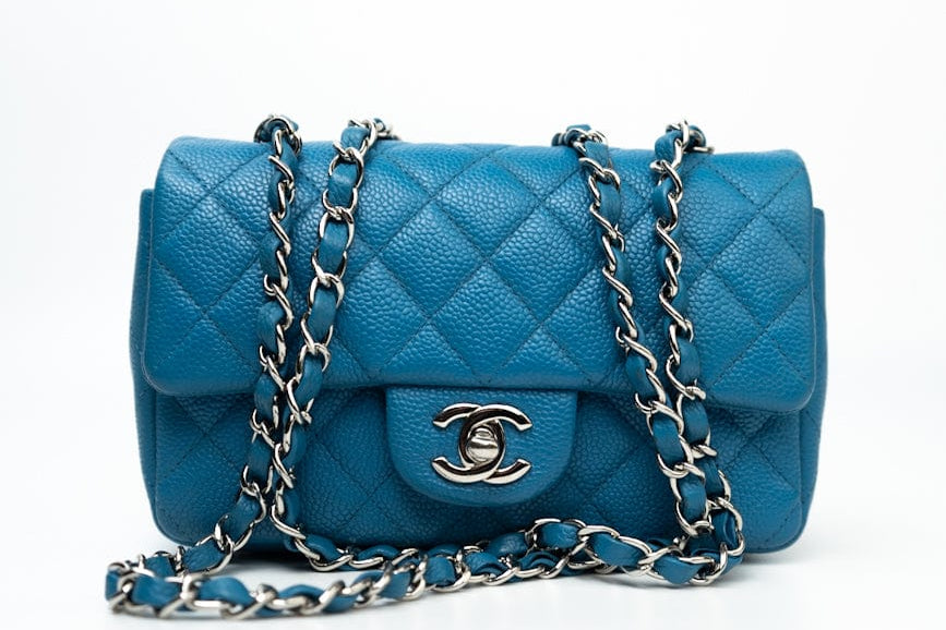 CHANEL Handbag BLUE MINI RECTANGULAR CAVIAR QUILTED SINGLE FLAP SILVER HARDWARE - Redeluxe
