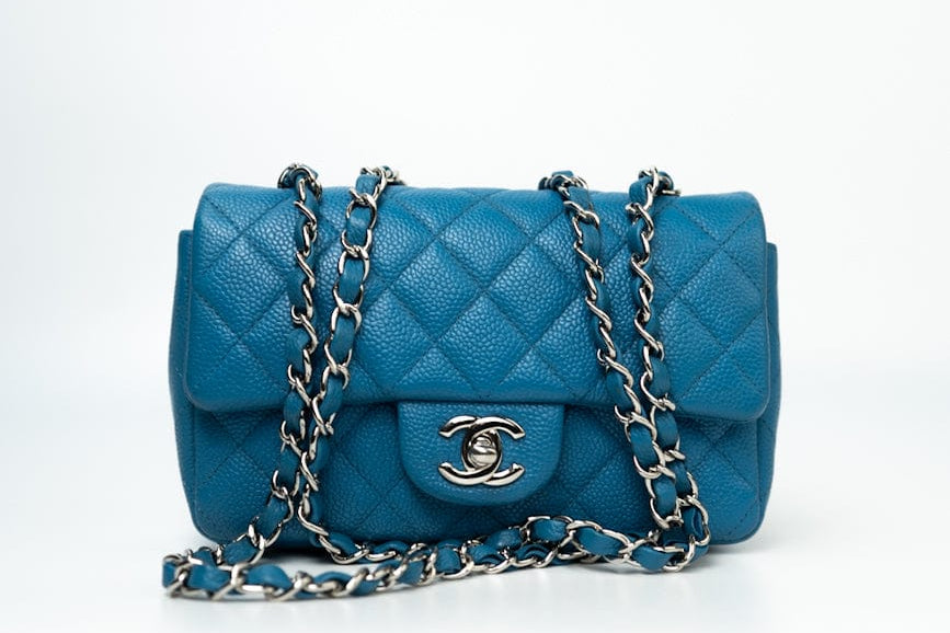 CHANEL Handbag BLUE MINI RECTANGULAR CAVIAR QUILTED SINGLE FLAP SILVER HARDWARE - Redeluxe