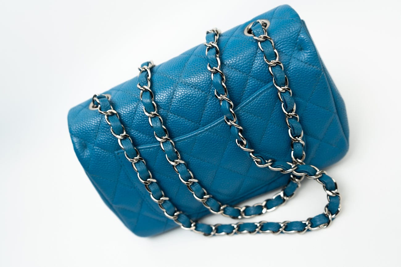 CHANEL Handbag BLUE MINI RECTANGULAR CAVIAR QUILTED SINGLE FLAP SILVER HARDWARE - Redeluxe