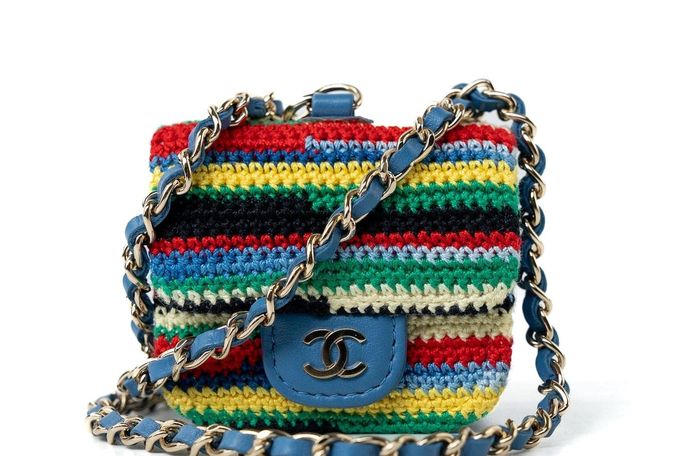 CHANEL Handbag Blue Multicolor Tweed Coco AirPods Case Necklace - Redeluxe