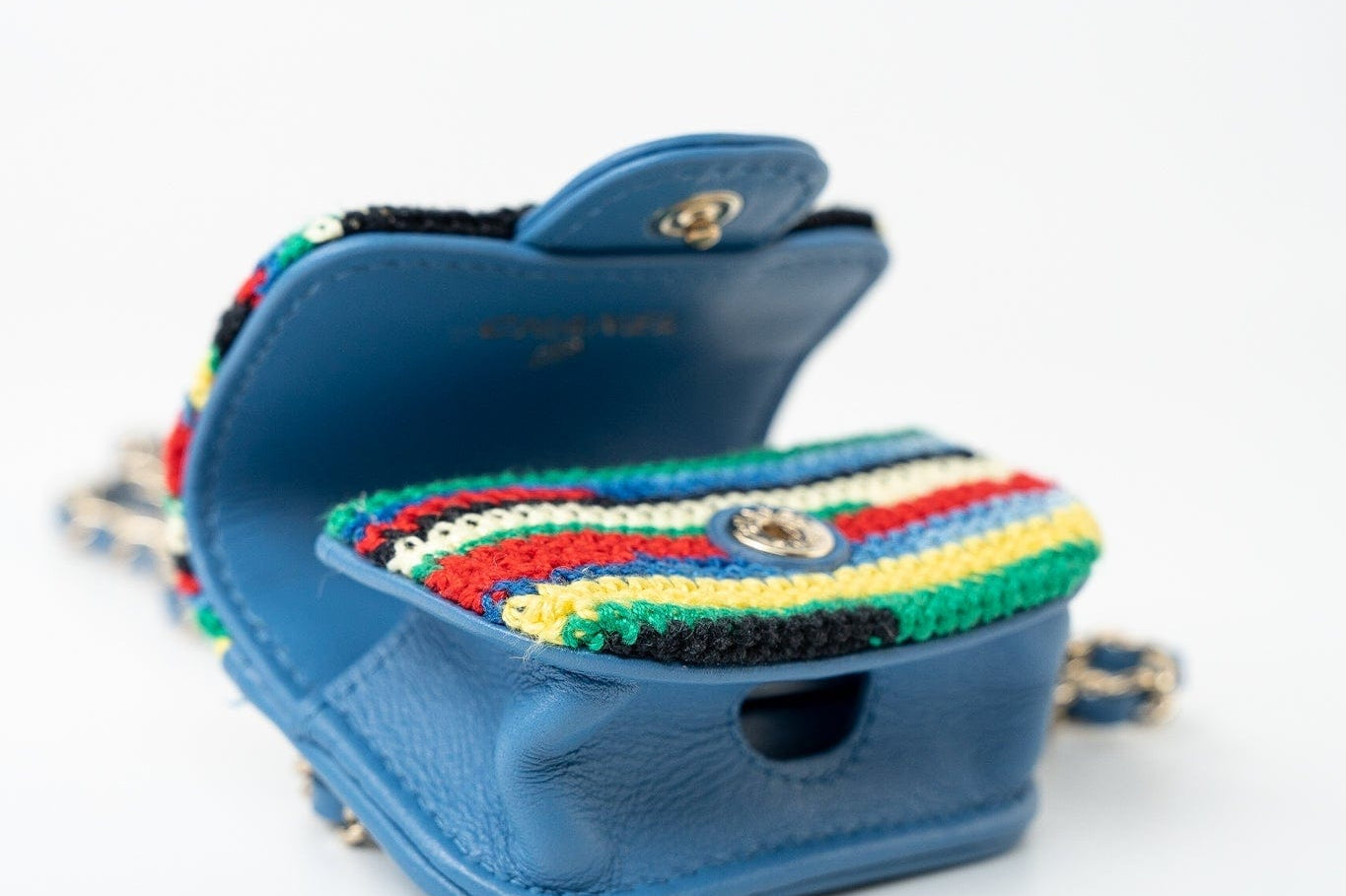CHANEL Handbag Blue Multicolor Tweed Coco AirPods Case Necklace - Redeluxe