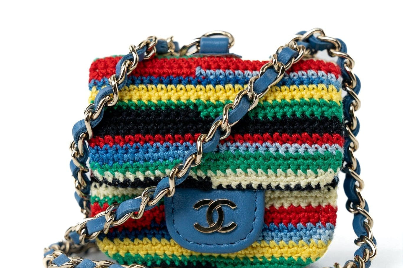 CHANEL Handbag Blue Multicolor Tweed Coco AirPods Case Necklace - Redeluxe