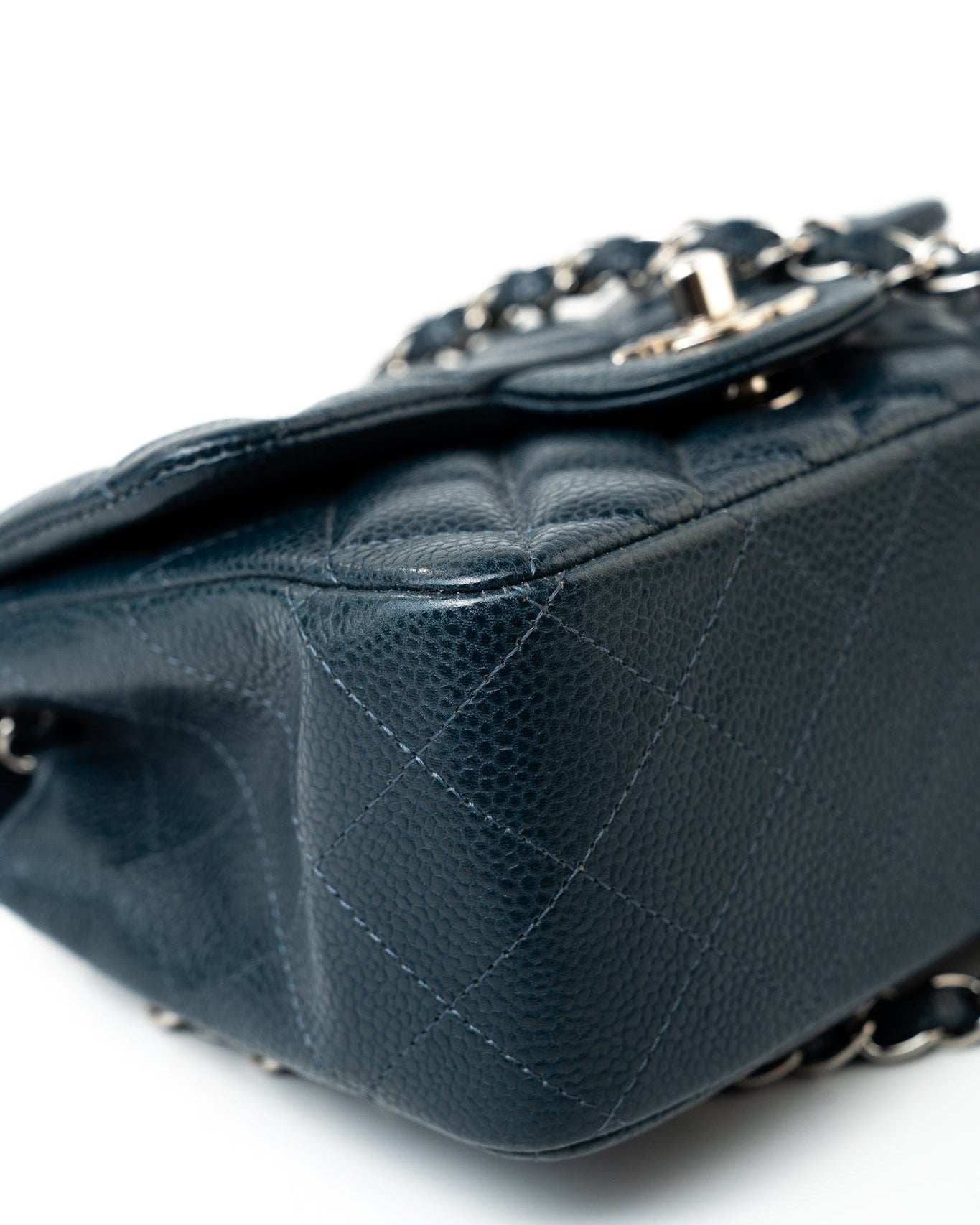 CHANEL Handbag Blue Navy Blue Caviar Quilted Mini Square Single Flap Silver Hardware - Redeluxe