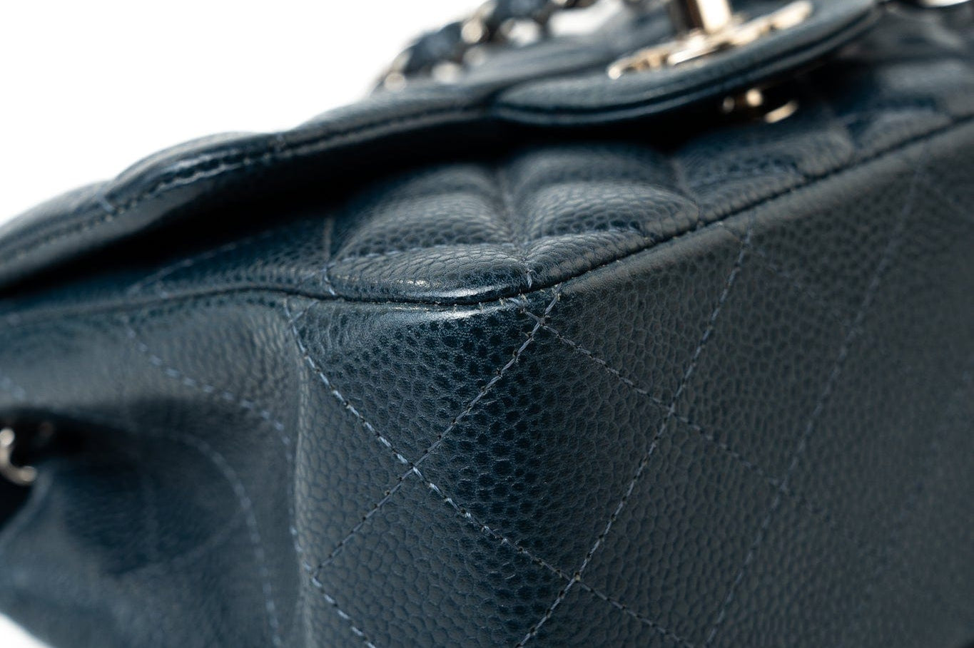 CHANEL Handbag Blue Navy Blue Caviar Quilted Mini Square Single Flap Silver Hardware - Redeluxe
