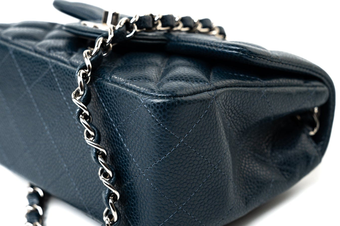 CHANEL Handbag Blue Navy Blue Caviar Quilted Mini Square Single Flap Silver Hardware - Redeluxe
