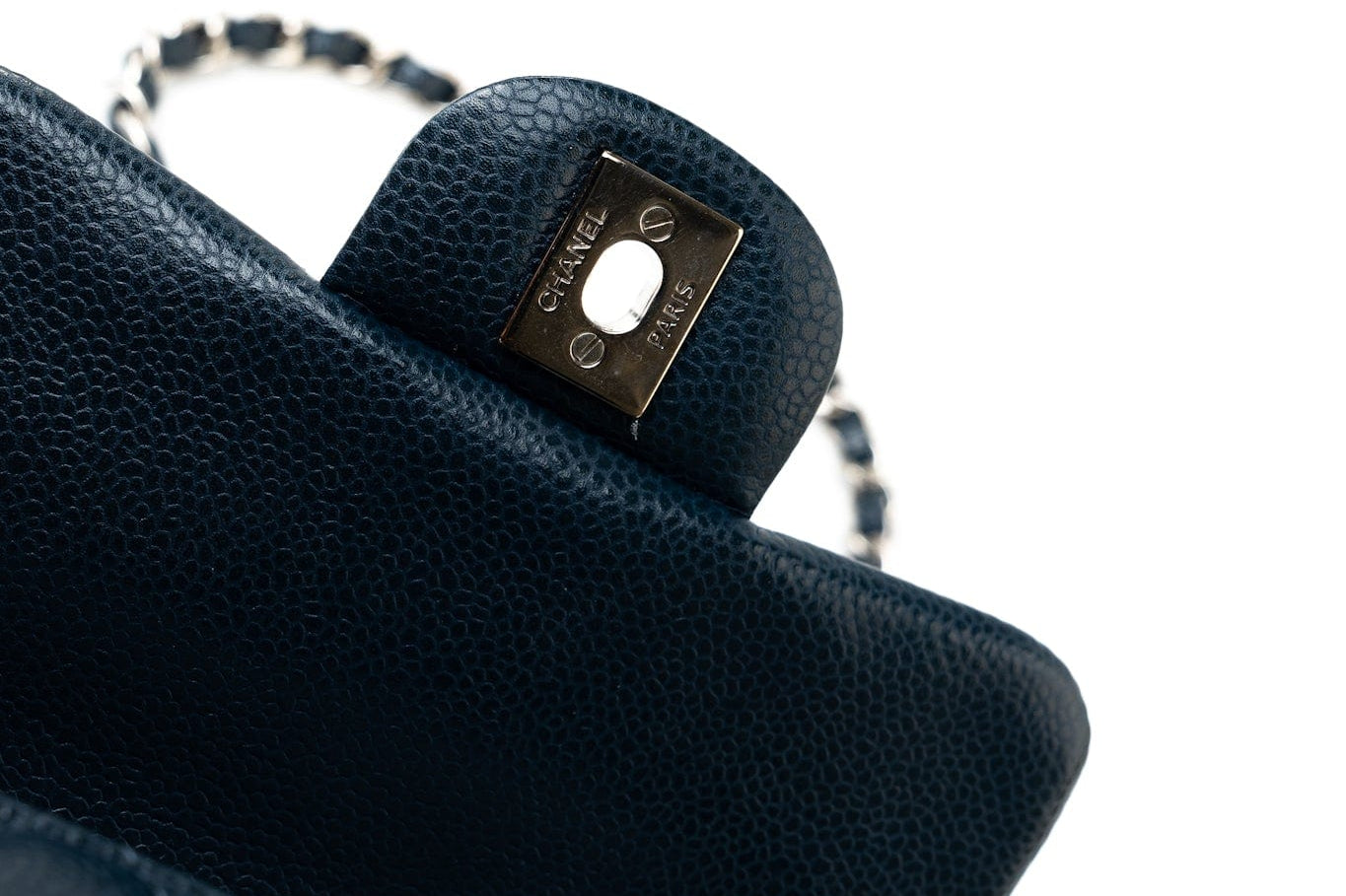 CHANEL Handbag Blue Navy Blue Caviar Quilted Mini Square Single Flap Silver Hardware - Redeluxe