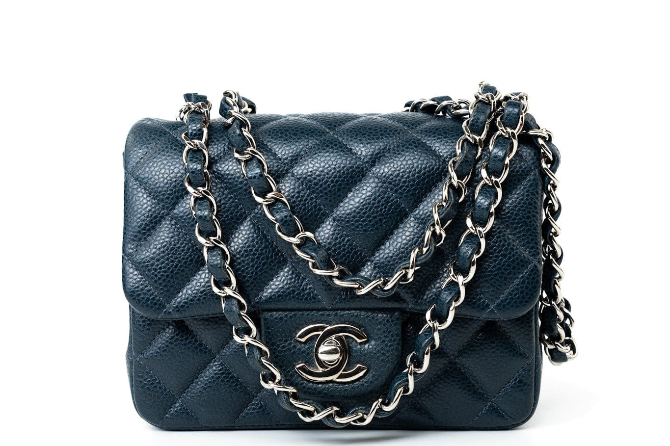 CHANEL Handbag Blue Navy Blue Caviar Quilted Mini Square Single Flap Silver Hardware - Redeluxe