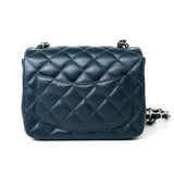 CHANEL Handbag Blue Navy Blue Caviar Quilted Mini Square Single Flap Silver Hardware - Redeluxe