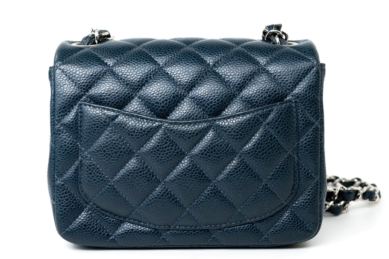 CHANEL Handbag Blue Navy Blue Caviar Quilted Mini Square Single Flap Silver Hardware - Redeluxe
