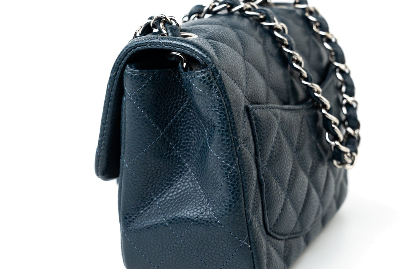 CHANEL Handbag Blue Navy Blue Caviar Quilted Mini Square Single Flap Silver Hardware - Redeluxe