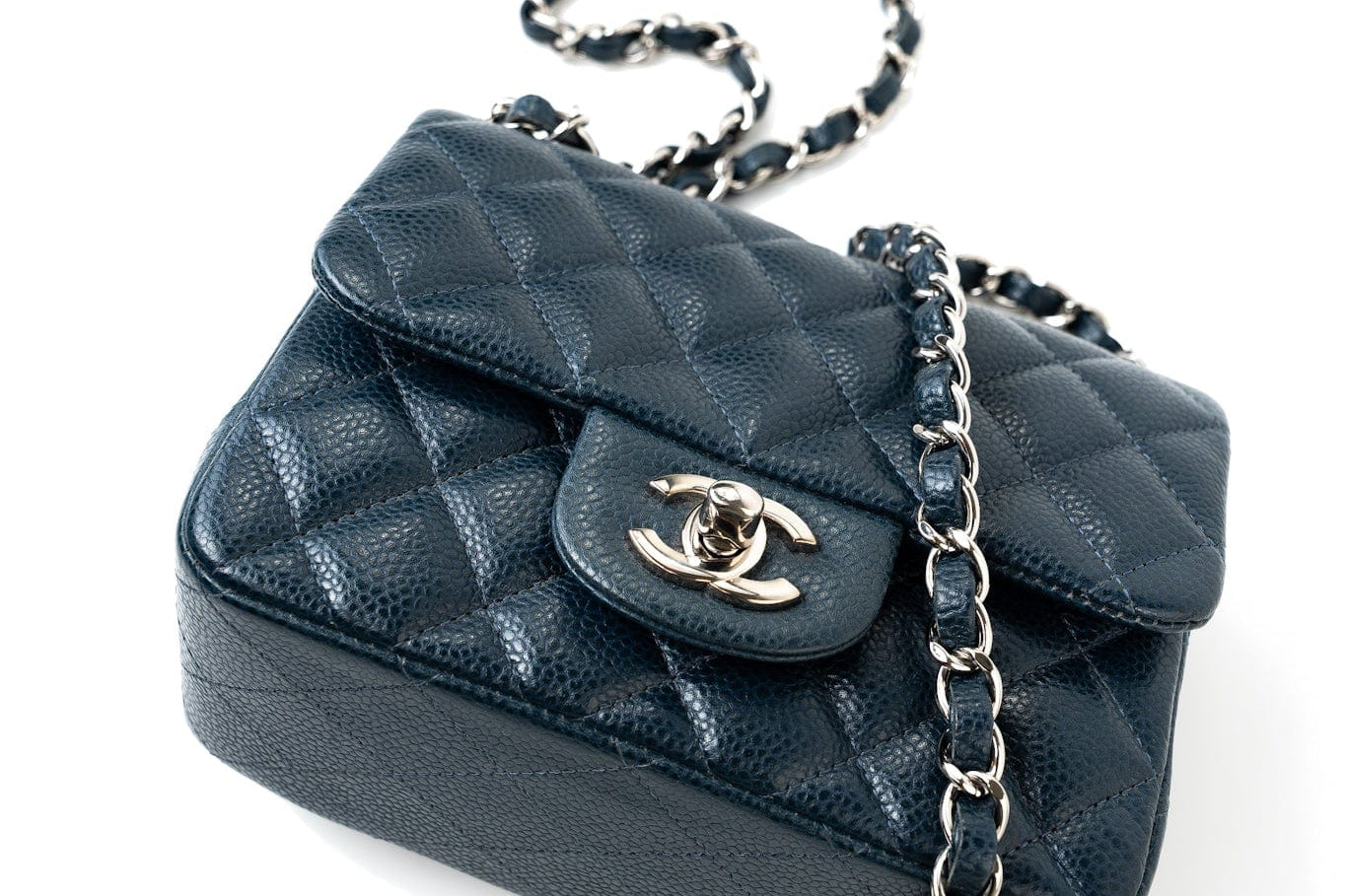 CHANEL Handbag Blue Navy Blue Caviar Quilted Mini Square Single Flap Silver Hardware - Redeluxe