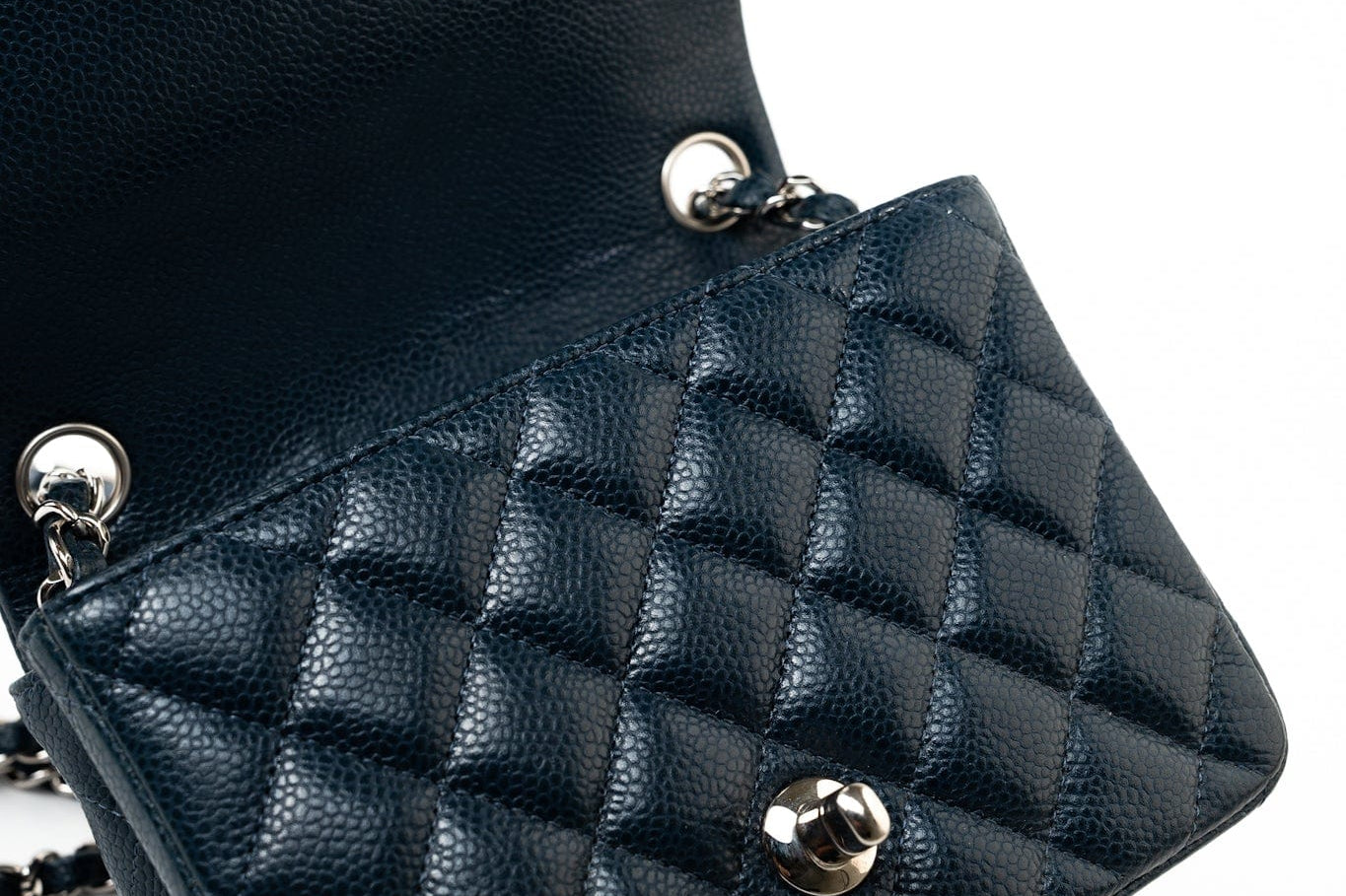 CHANEL Handbag Blue Navy Blue Caviar Quilted Mini Square Single Flap Silver Hardware - Redeluxe