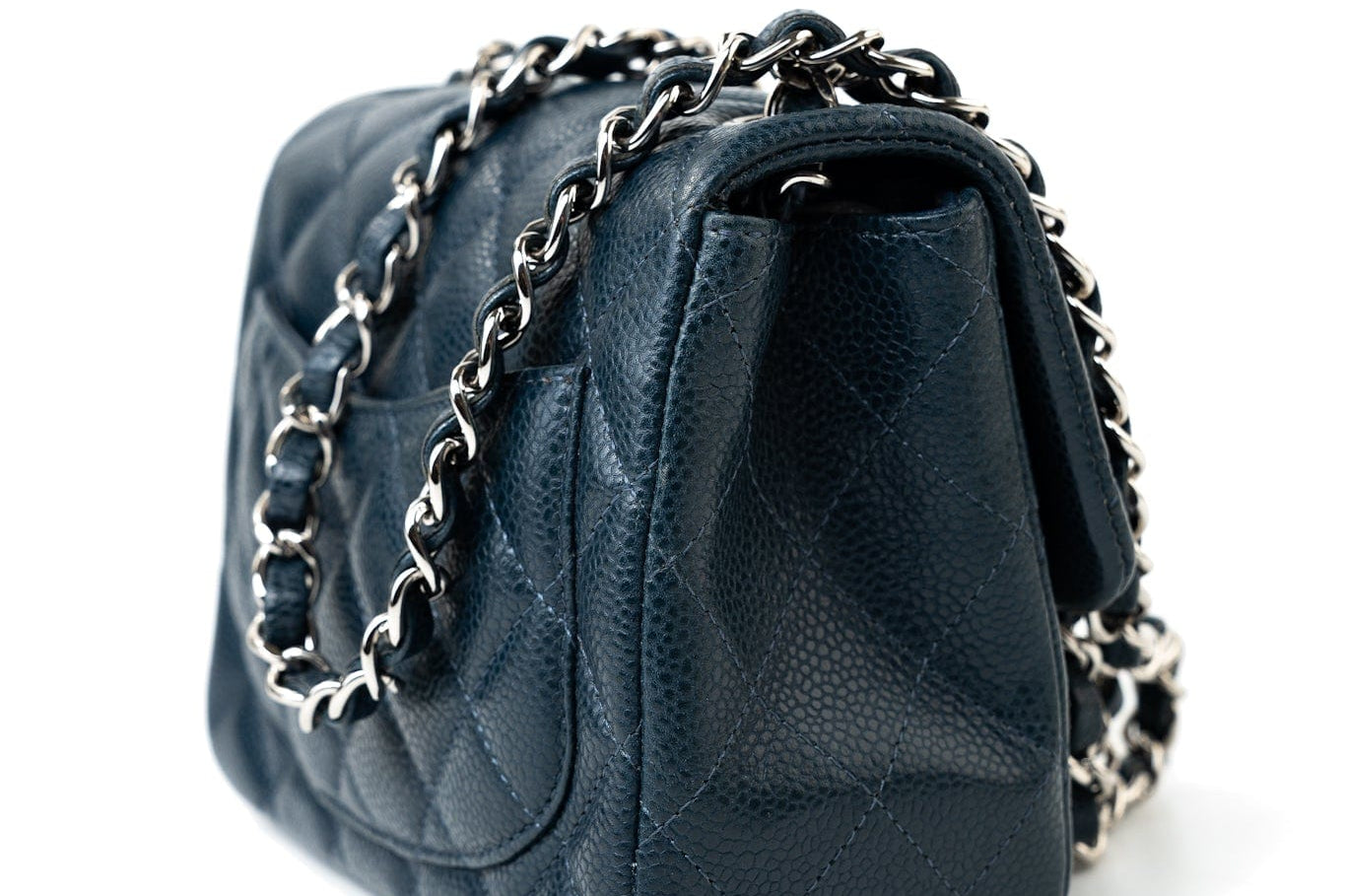 CHANEL Handbag Blue Navy Blue Caviar Quilted Mini Square Single Flap Silver Hardware - Redeluxe
