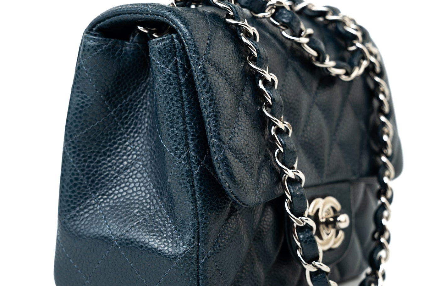 CHANEL Handbag Blue Navy Blue Caviar Quilted Mini Square Single Flap Silver Hardware - Redeluxe