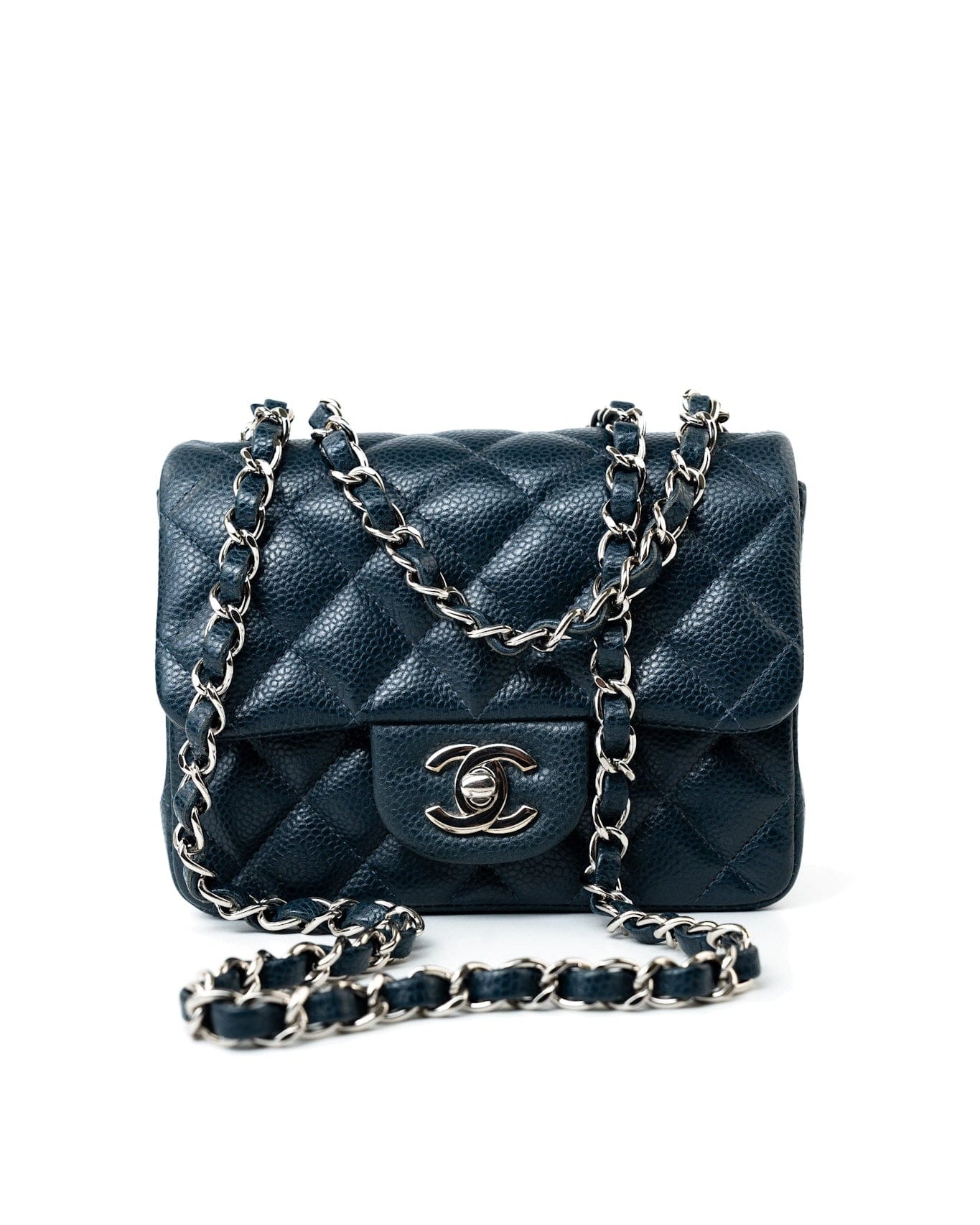 CHANEL Handbag Blue Navy Blue Caviar Quilted Mini Square Single Flap Silver Hardware - Redeluxe