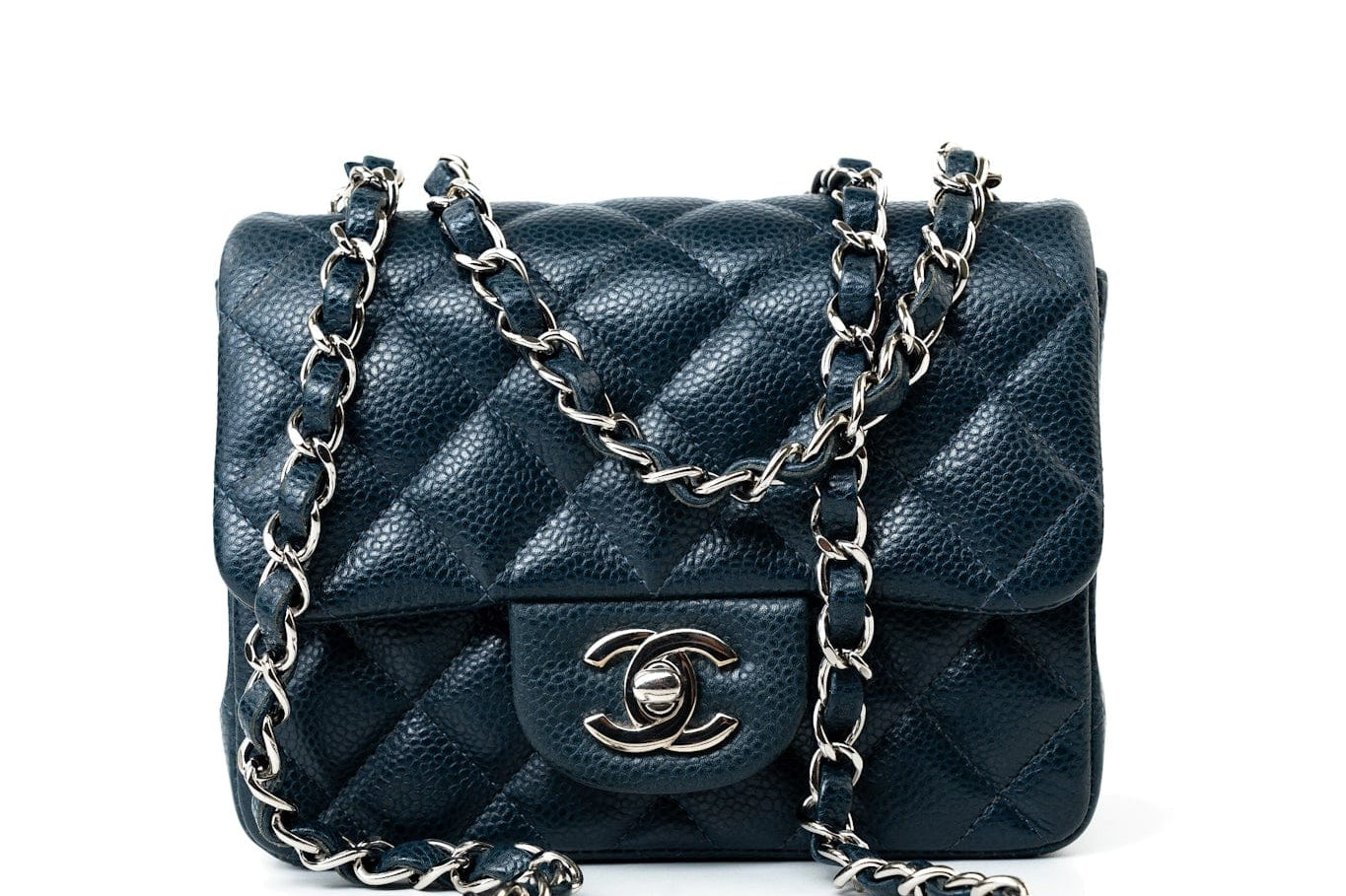 CHANEL Handbag Blue Navy Blue Caviar Quilted Mini Square Single Flap Silver Hardware - Redeluxe