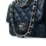CHANEL Handbag Blue Navy Blue Caviar Quilted Mini Square Single Flap Silver Hardware - Redeluxe