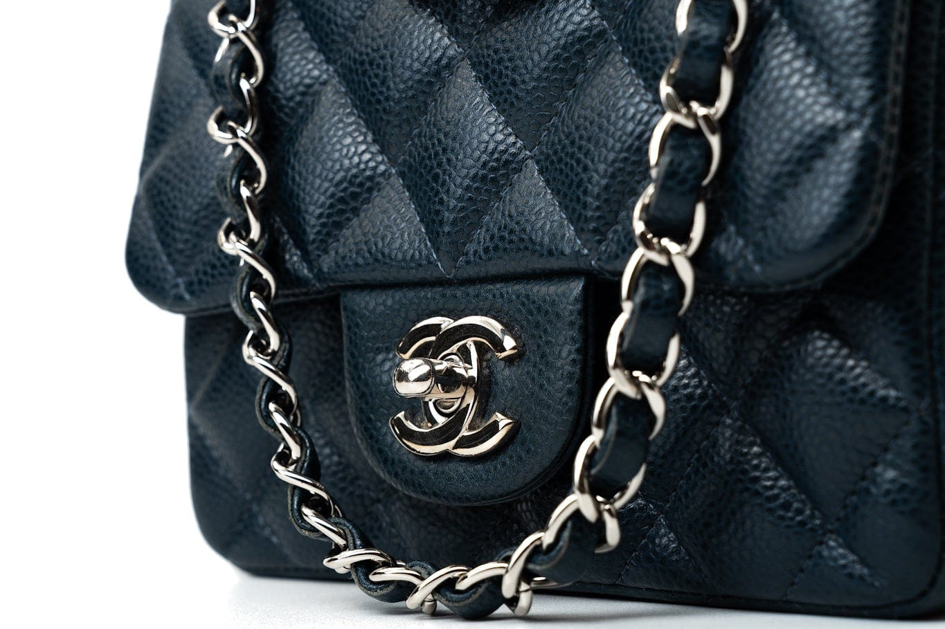 CHANEL Handbag Blue Navy Blue Caviar Quilted Mini Square Single Flap Silver Hardware - Redeluxe