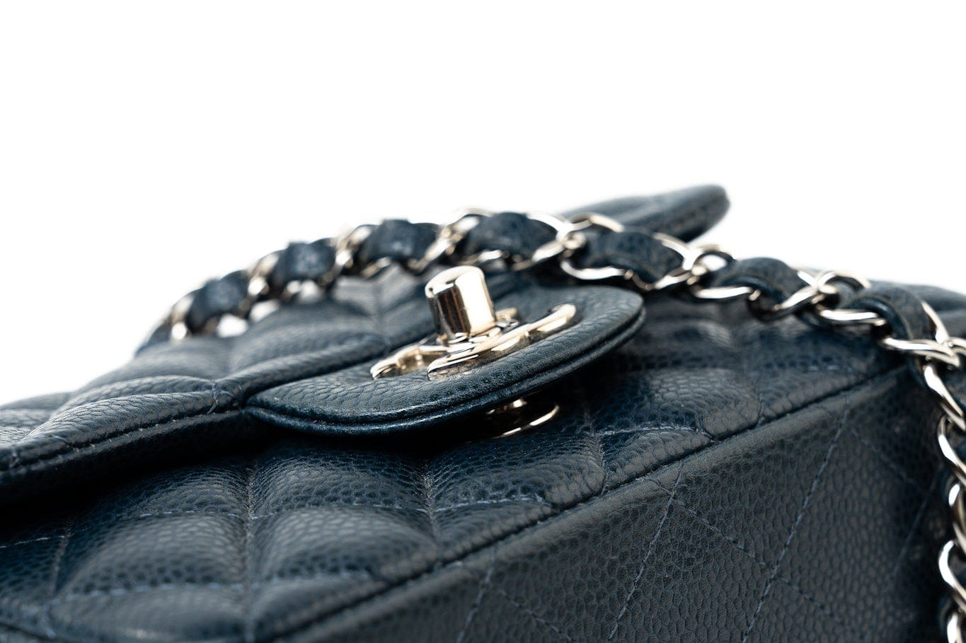 CHANEL Handbag Blue Navy Blue Caviar Quilted Mini Square Single Flap Silver Hardware - Redeluxe
