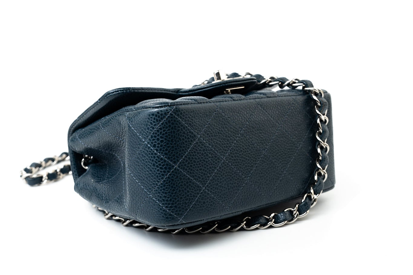 CHANEL Handbag Blue Navy Blue Caviar Quilted Mini Square Single Flap Silver Hardware - Redeluxe
