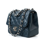 CHANEL Handbag Blue Navy Blue Caviar Quilted Mini Square Single Flap Silver Hardware - Redeluxe