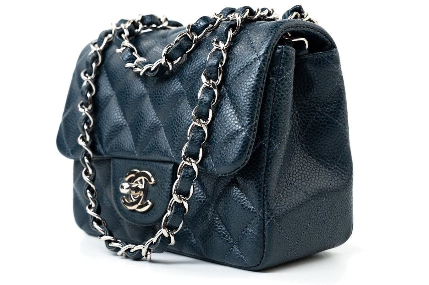 CHANEL Handbag Blue Navy Blue Caviar Quilted Mini Square Single Flap Silver Hardware - Redeluxe